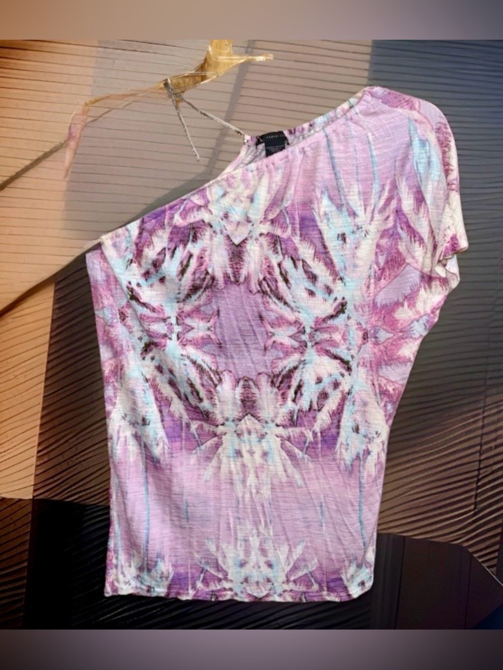 Armani Exchange One-Shoulder Tie-Dye Top in Pink & White w/Chain Accent-S-GC
